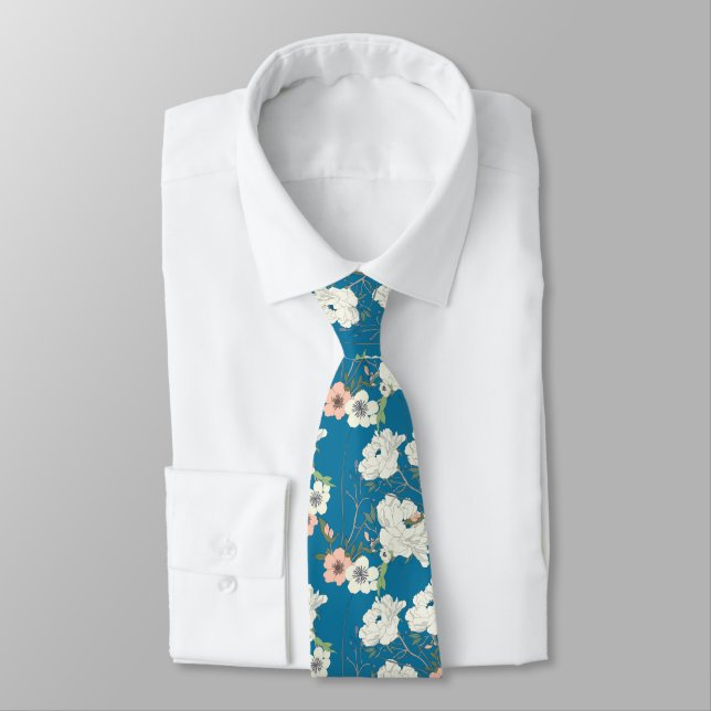 White Floral Garden Pattern Neck Tie (Tied)