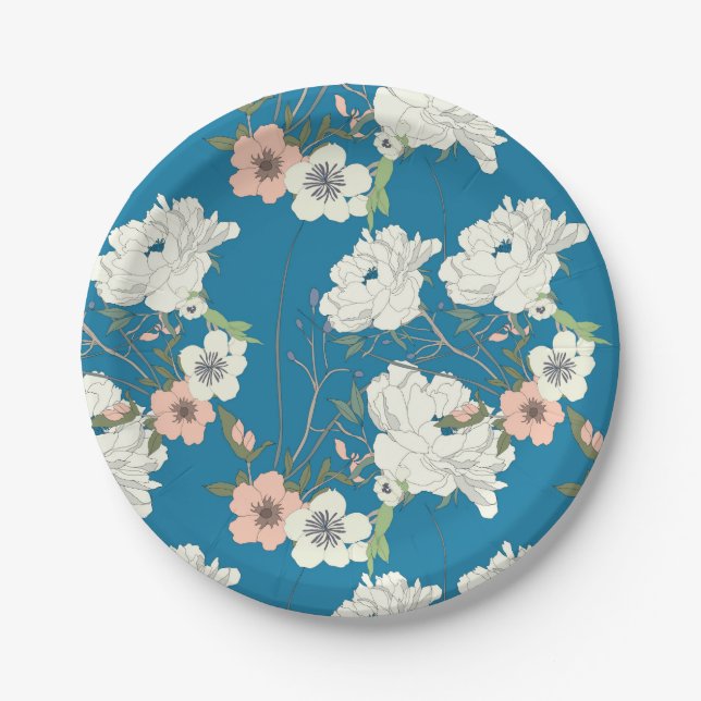 White Floral Garden Pattern Paper Plates (Front)