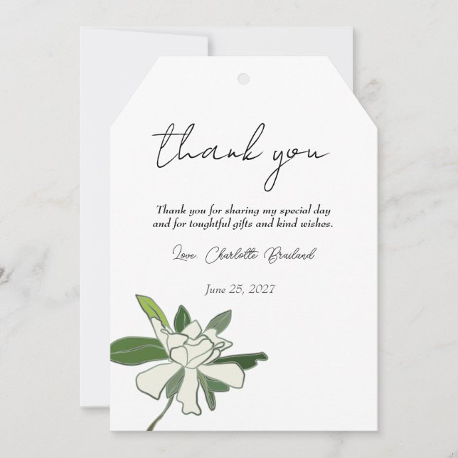 White Floral Gardenia Simple Garden Bridal Shower  Thank You Card (Front)