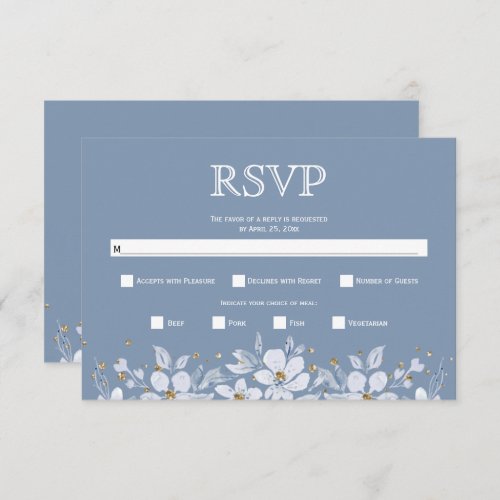White floral garland and jewels dusty blue wedding RSVP card