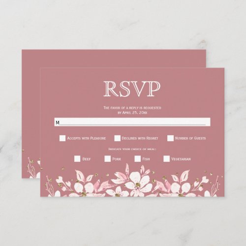 White floral garland and jewels dusty rose wedding RSVP card