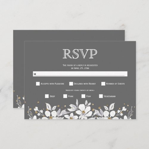 White floral garland and jewels gray wedding RSVP card