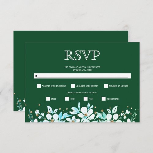 White floral garland and jewels green wedding RSVP card