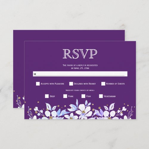 White floral garland and jewels purple wedding RSVP card