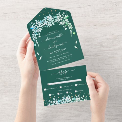 White floral garland evergreen green wedding all in one invitation