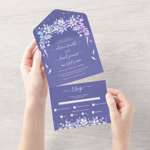 White floral garland periwinkle blue wedding all in one invitation