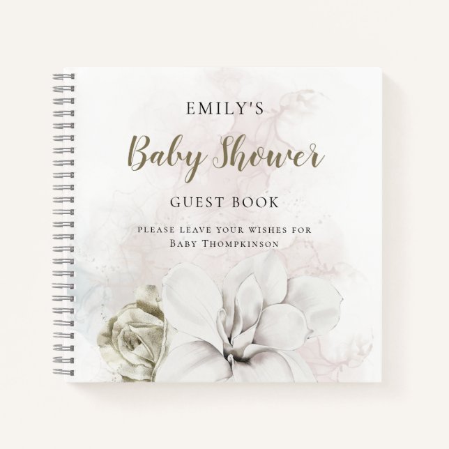 White Floral Gender Neutral Baby Shower Guest Book (Front)