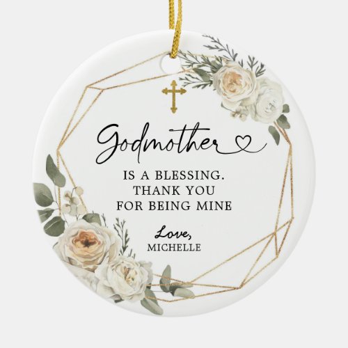 White Floral Geometric Godmother Christmas Gift Ceramic Ornament