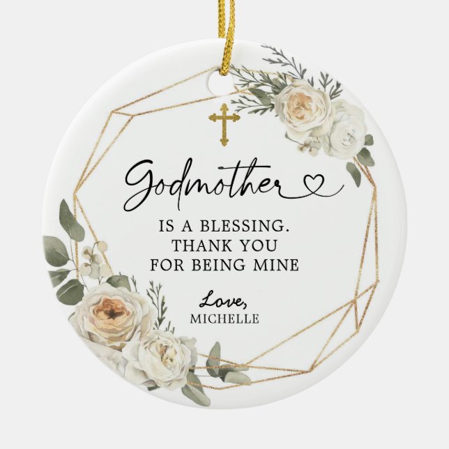 White Floral Geometric Godmother Christmas Gift Ceramic Ornament (Front)