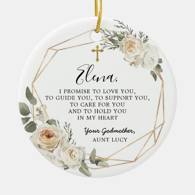 White Floral Geometric Godmother Promise Gift Cera Ceramic Ornament (Front)