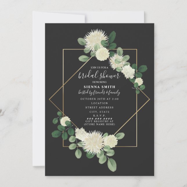 White Floral Geometric Gray Bridal Shower Invitation (Front)