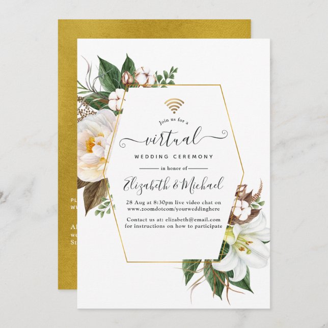 White Floral Geometric Online Virtual Wedding Invitation (Front/Back)