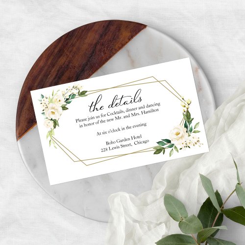 White Floral Geometric Wedding Details Enclosure Card