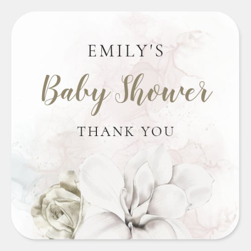 White Floral Girl or Boy Baby Shower Thank You Square Sticker