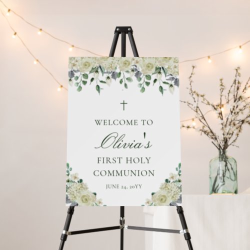 White Floral Girls First Communion Welcome Sign