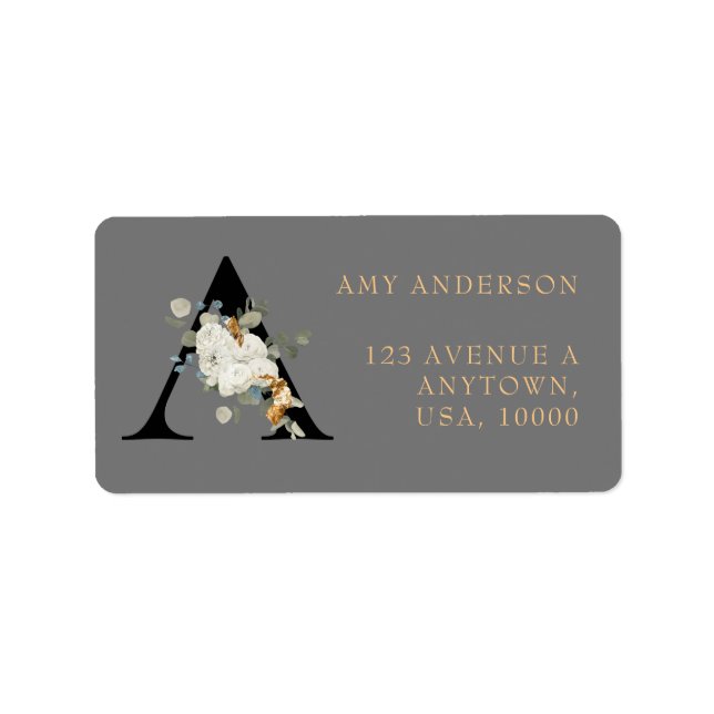  White Floral Gold Accents Monogram A   Label (Front)