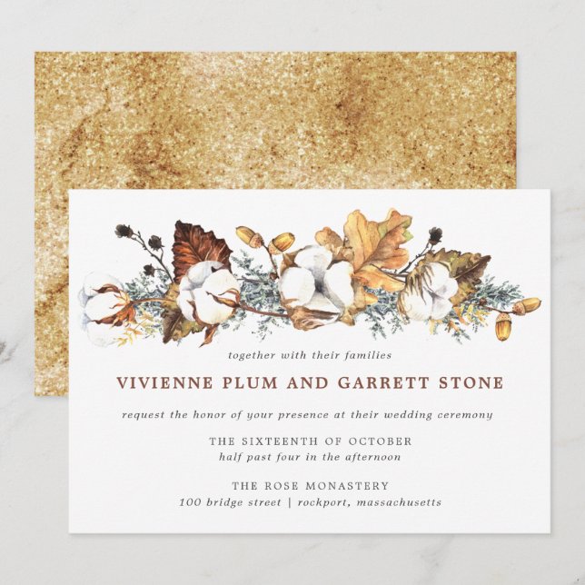 White Floral Gold Autumn Leaves Wedding Invitation (Front/Back)