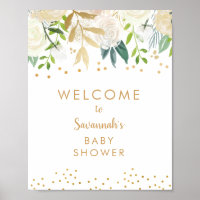 White Floral Gold Baby Shower Welcome Sign
