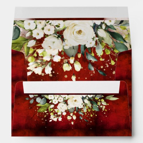 White Floral Gold Botanical Bold Red Wedding  Envelope