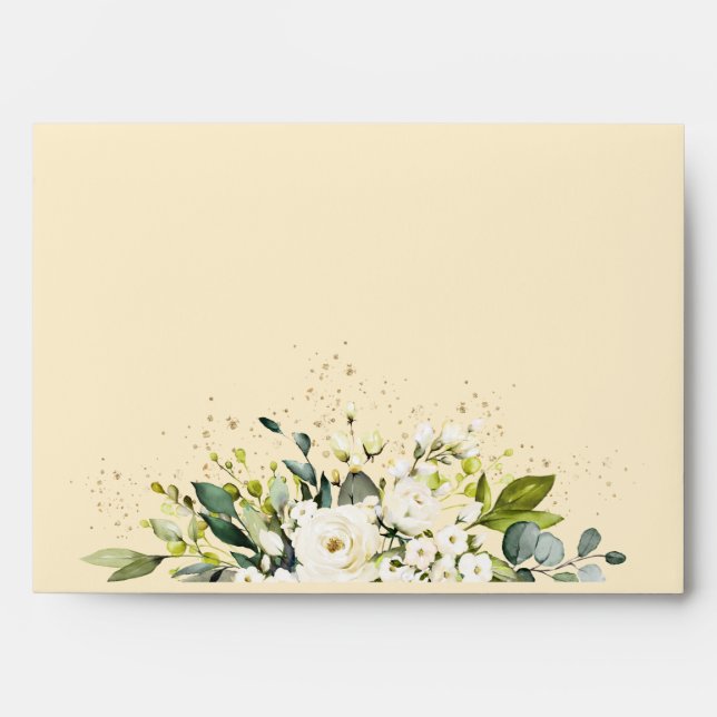 White Floral Gold Botanical Cream Ivory Wedding  Envelope (Front)