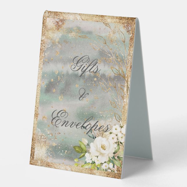 White Floral Gold Botanical Cream Ivory Wedding Table Tent (Front)