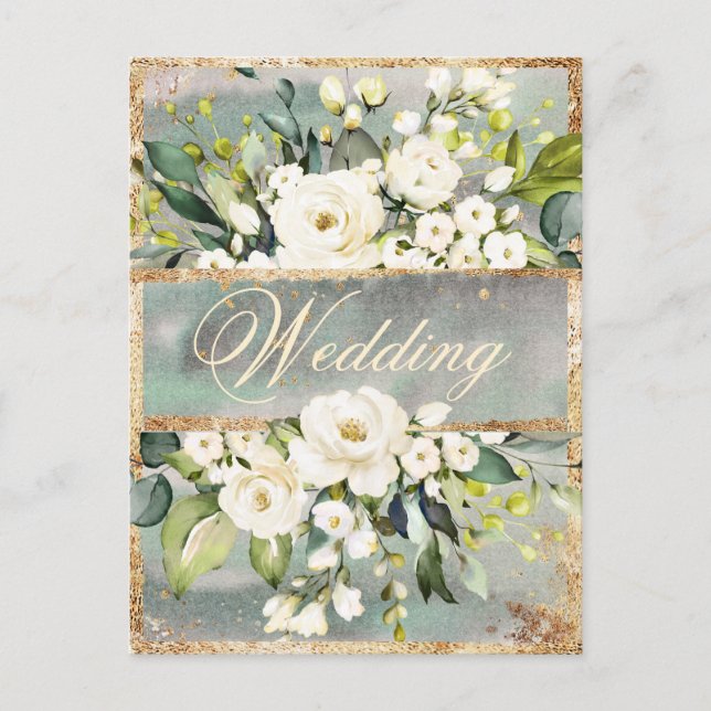 White Floral Gold Botanical Cream Wedding  Invitation Postcard (Front)