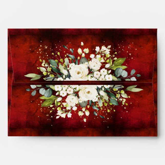 White Floral Gold Botanical Red Wedding Envelope (Back (Top Flap))