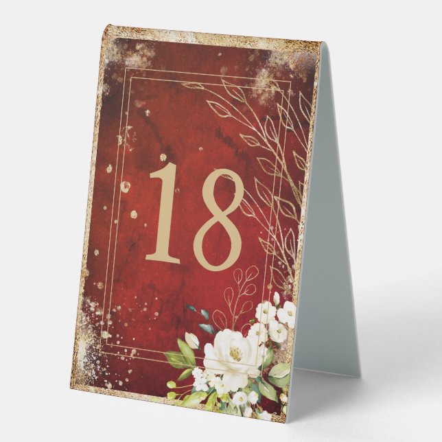 White Floral Gold Botanical Scarlet Red Framed Table Tent (Front)