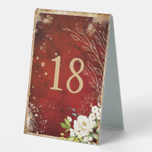 White Floral Gold Botanical Scarlet Red  Table Tent