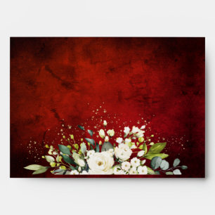 White Floral Gold Botanical Scarlet Red Wedding Envelope
