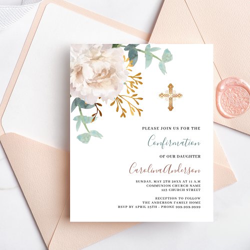 White floral gold budget confirmation invitation