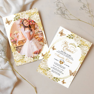 White Floral Gold Butterfly Photo Quinceañera Invitation