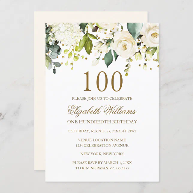 White Floral Gold Confetti 100th Birthday Invitation | Zazzle