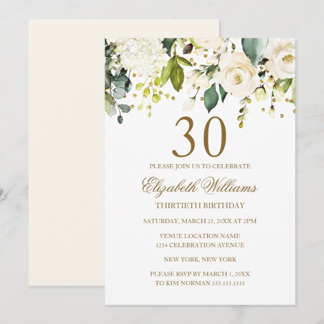 White Floral Gold Confetti 30th Birthday Invitation (Front/Back)