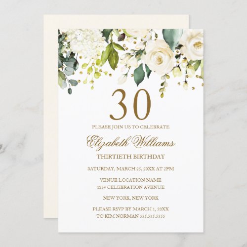 White Floral Gold Confetti 30th Birthday Invitation