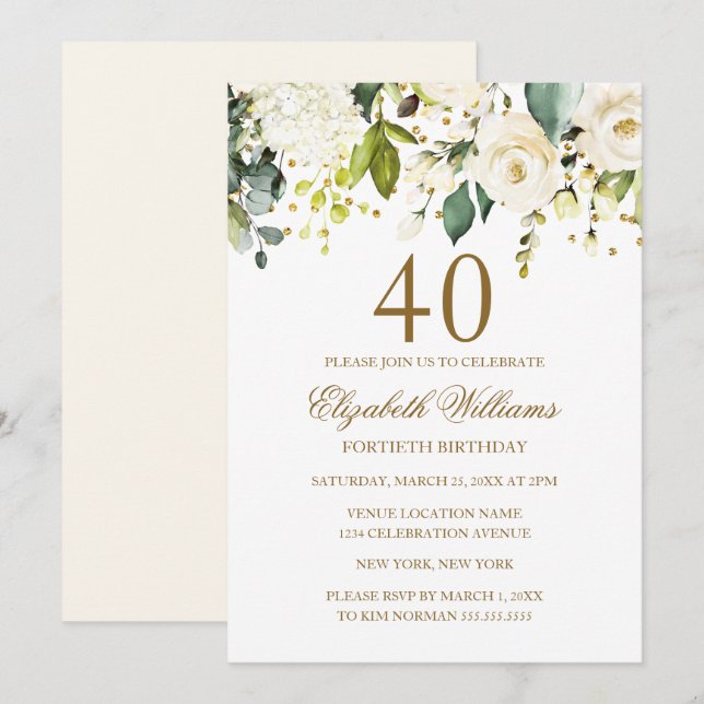 White Floral Gold Confetti 40th Birthday Invitation (Front/Back)