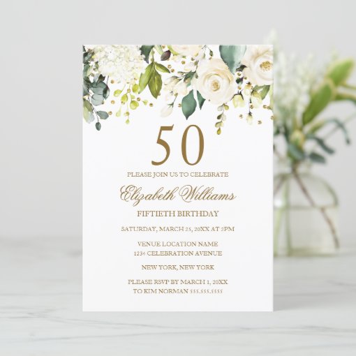 White Floral Gold Confetti 50th Birthday Invitation | Zazzle