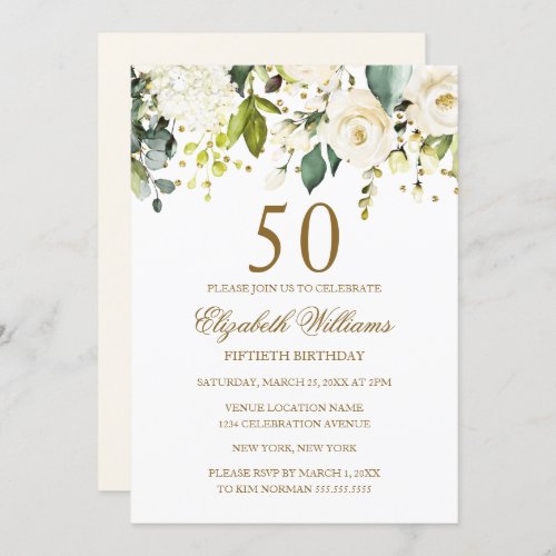 White Floral Gold Confetti 50th Birthday Invitation