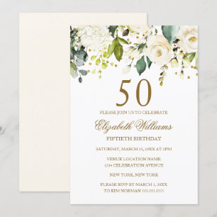 White Floral Gold Confetti 50th Birthday Invitation