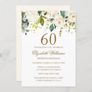 White Floral Gold Confetti 60th Birthday Invitation
