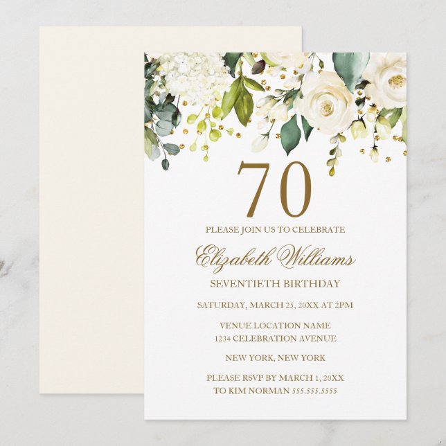 White Floral Gold Confetti 70th Birthday Invitation (Front/Back)