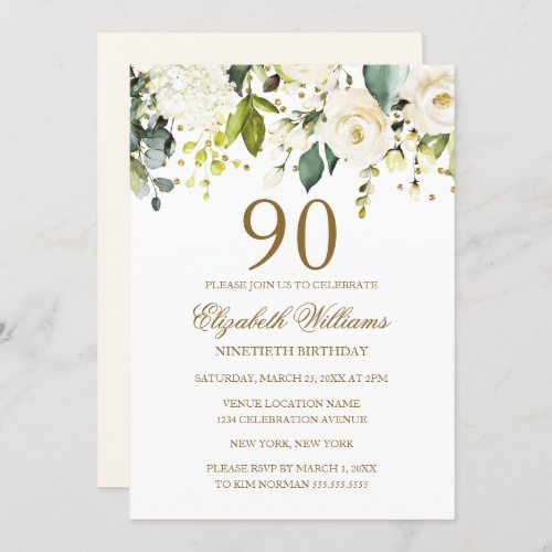 White Floral Gold Confetti 90th Birthday Invitation