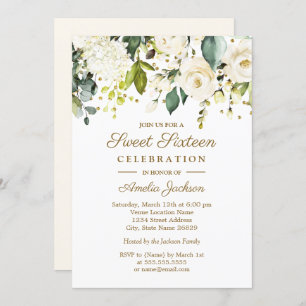 White Floral Gold Confetti Sweet Sixteen Invitation