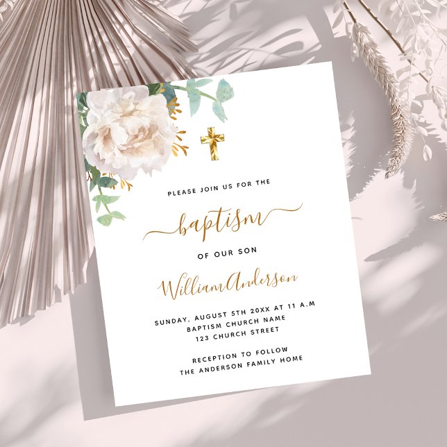 White floral gold cross budget baptism invitation (Creator Uploaded)