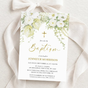 White Floral & Gold Cross Christian Baptism Invitation
