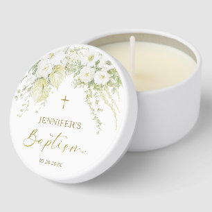 White Floral & Gold Cross Elegant Floral Baptism  Mini Candle Favors