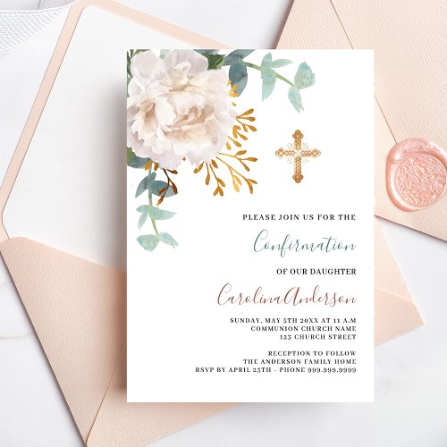 White floral gold cross luxury confirmation invitation