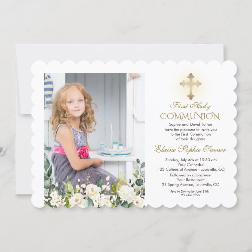 White Floral Gold Cross Photo Holy Communion Invitation