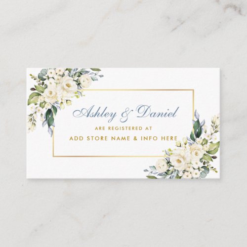 White Floral Gold Dusty Blue Wedding Registry Enclosure Card