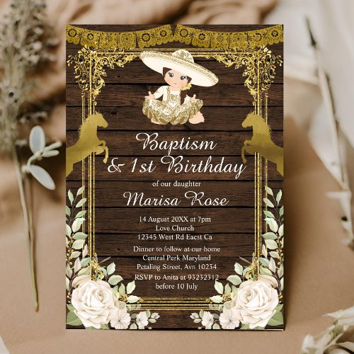 White Floral Gold Fiesta Girl Baptism Christening Invitation